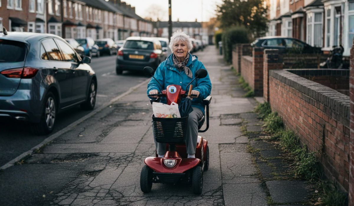  Mobility scooter user on a pavement route in Huntingdon showing real-world riding conditions