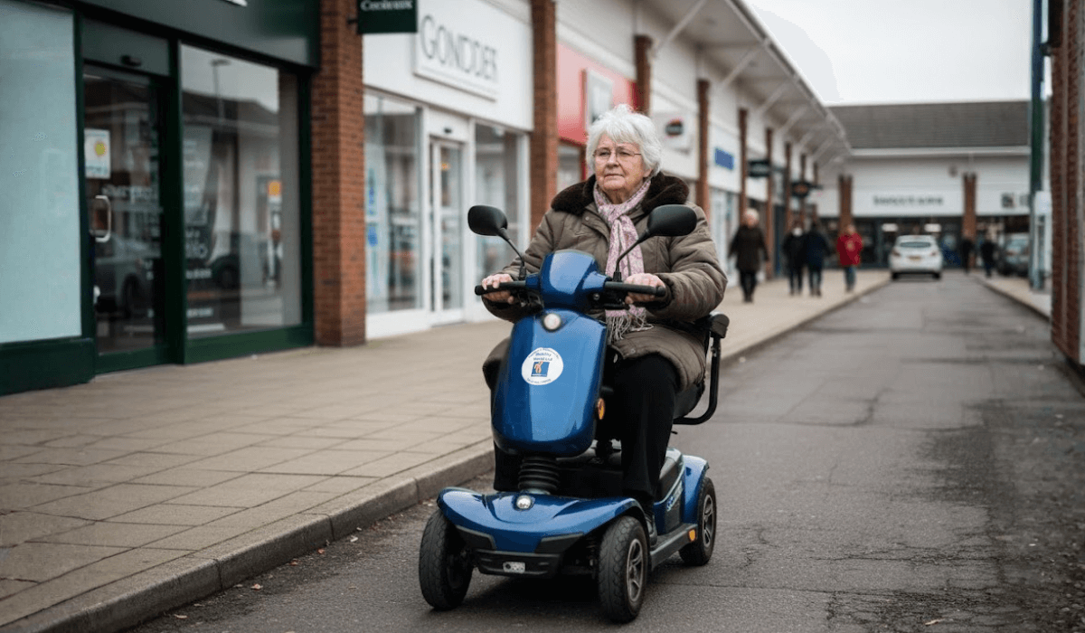 Mobility scooter used on pavement and retail park riding in Leighton Buzzard