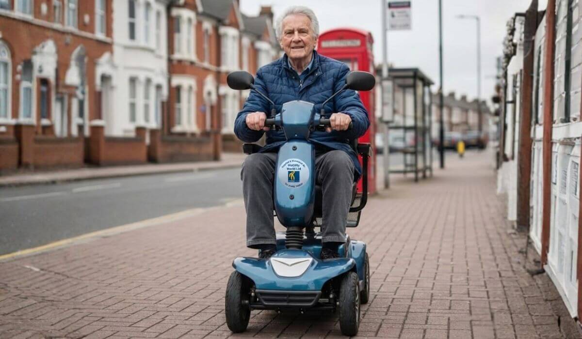 Mobility scooter user on a UK pavement in Luton, supported by Mobility World Letchworth