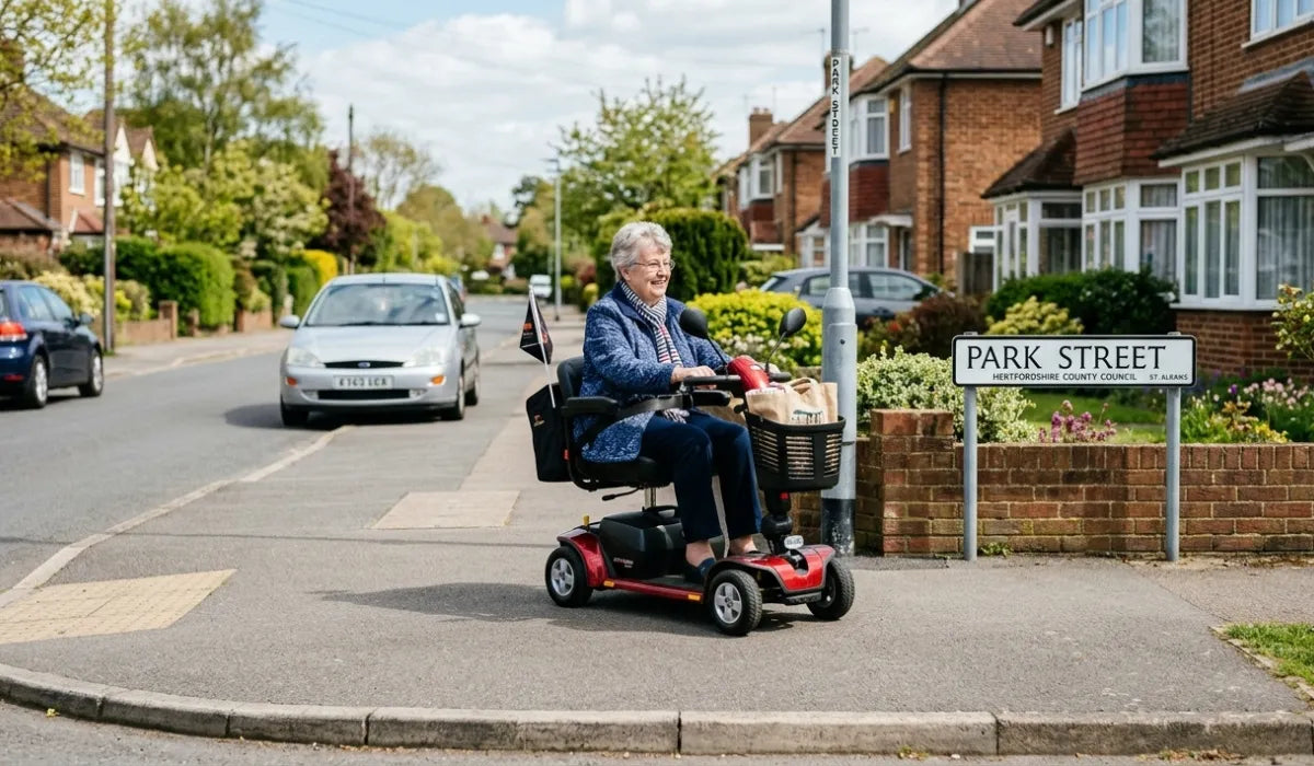 Pavement mobility scooter on residential route in Park Street, Hertfordshire 