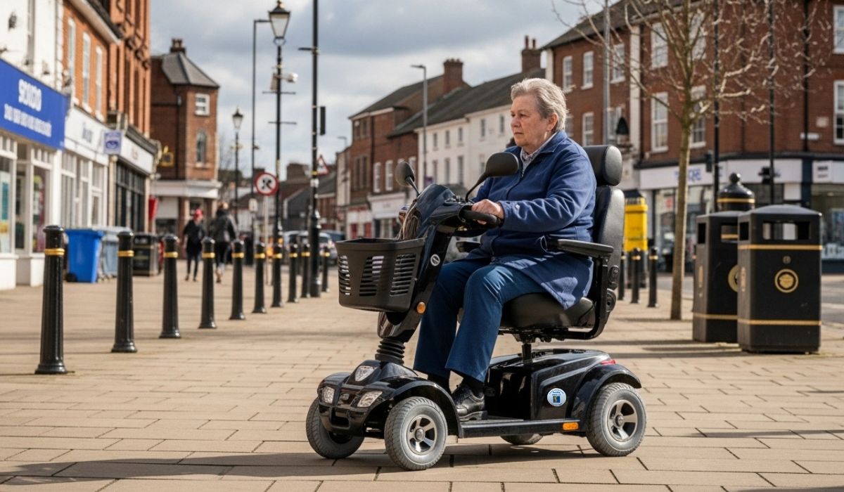 Mobility scooter on a town pavement near potter bar