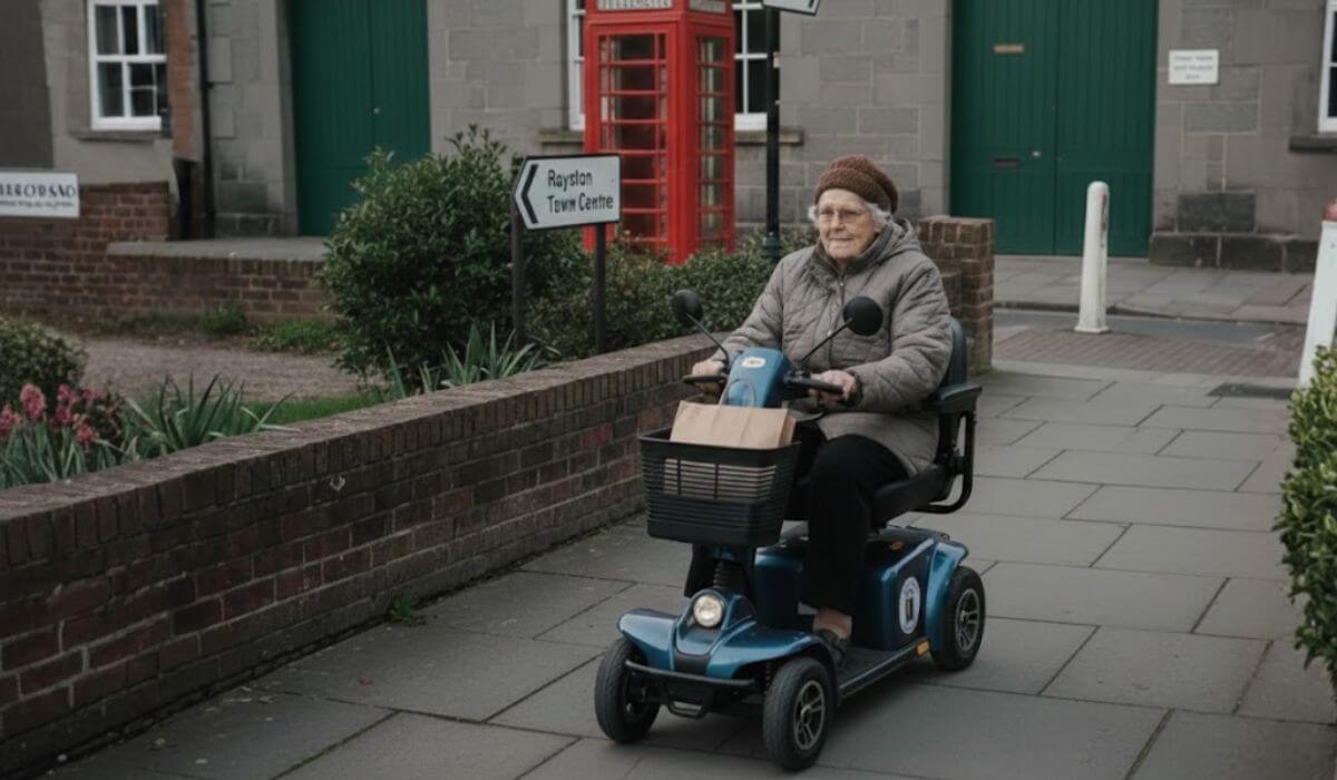 Mobility scooter user on a UK pavement in Royston, supported by Mobility World Letchworth
