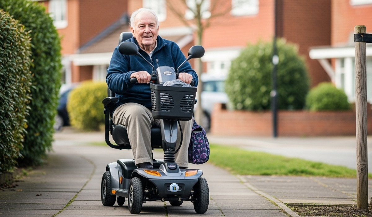 Mobility scooter on a pavement route in Sandy Bedfordshire