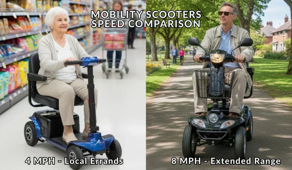 A split image comparing two types and speed of mobility scooters 4 mph and 8 mph