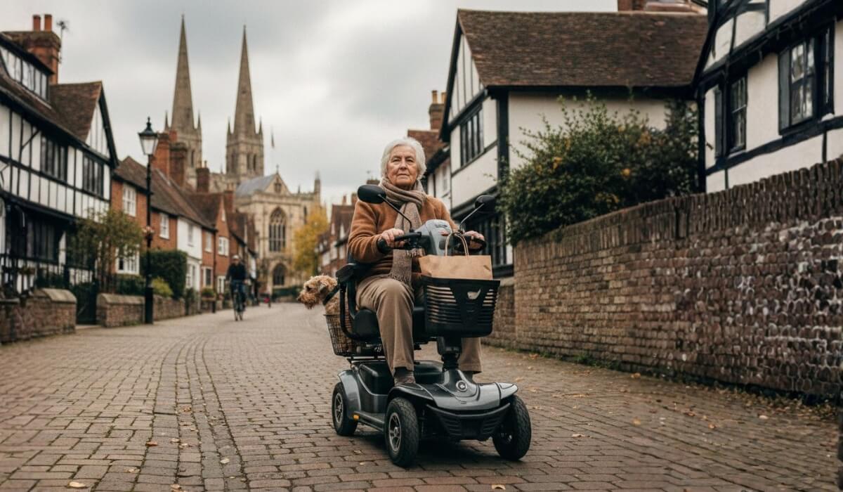 Mobility scooter user on a UK pavement in St. Albans, supported by Mobility World Letchworth