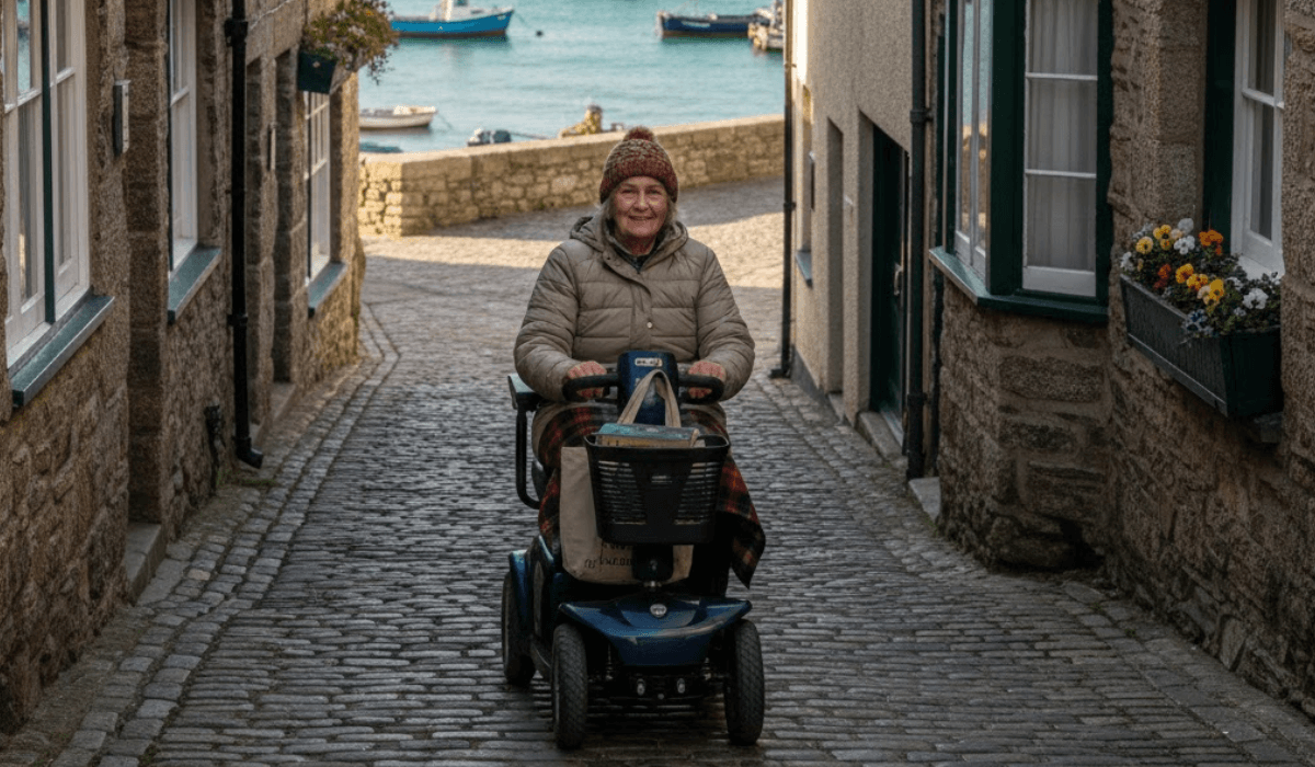 Mobility scooter on a pavement route in St. Ives 