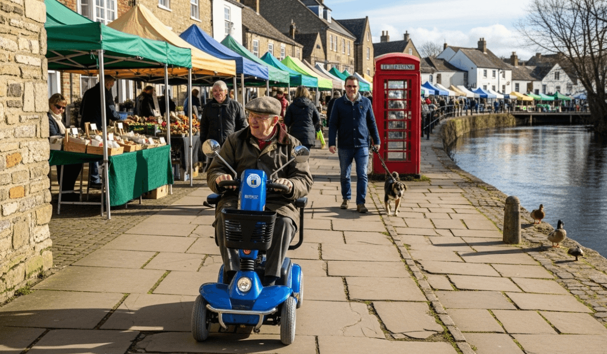 Mobility scooter on a town pavement near riverside routes in Ware