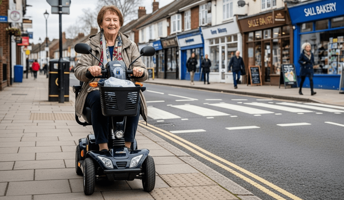 Mobility scooter on a suburban pavement route in Welwyn