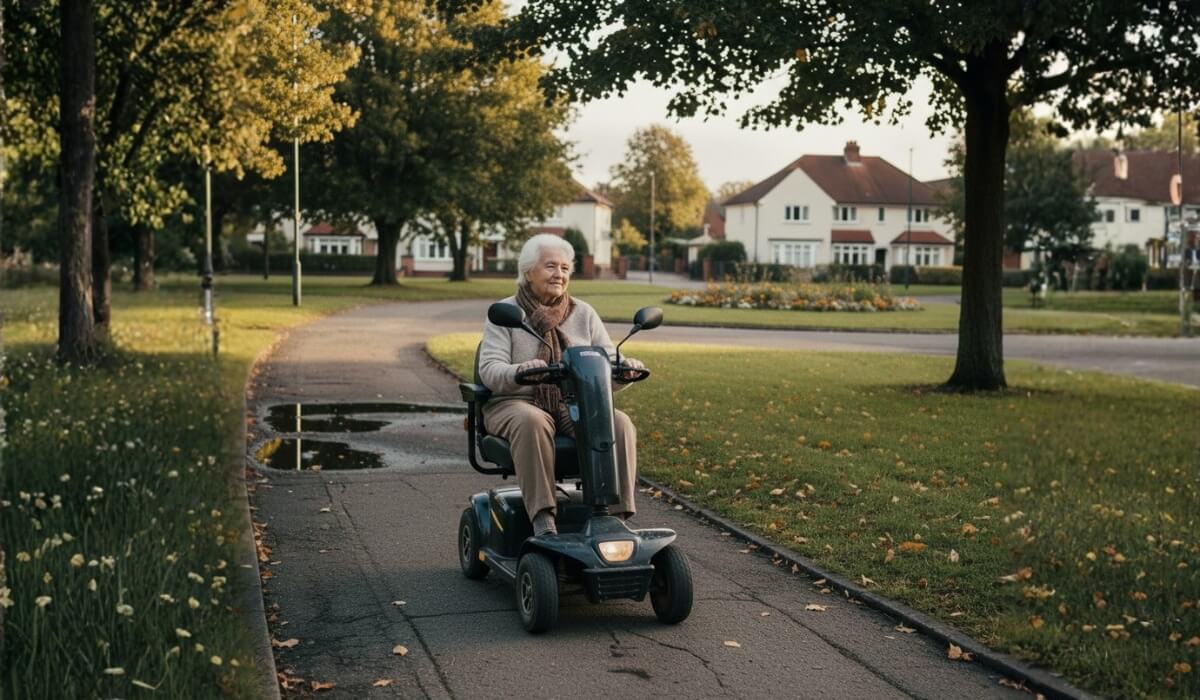 Mobility scooter user on a UK pavement in Welwyn Garden City, supported by Mobility World Letchworth