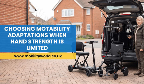 Mobility scooter and powerchair beside a vehicle with a Motability adaptation