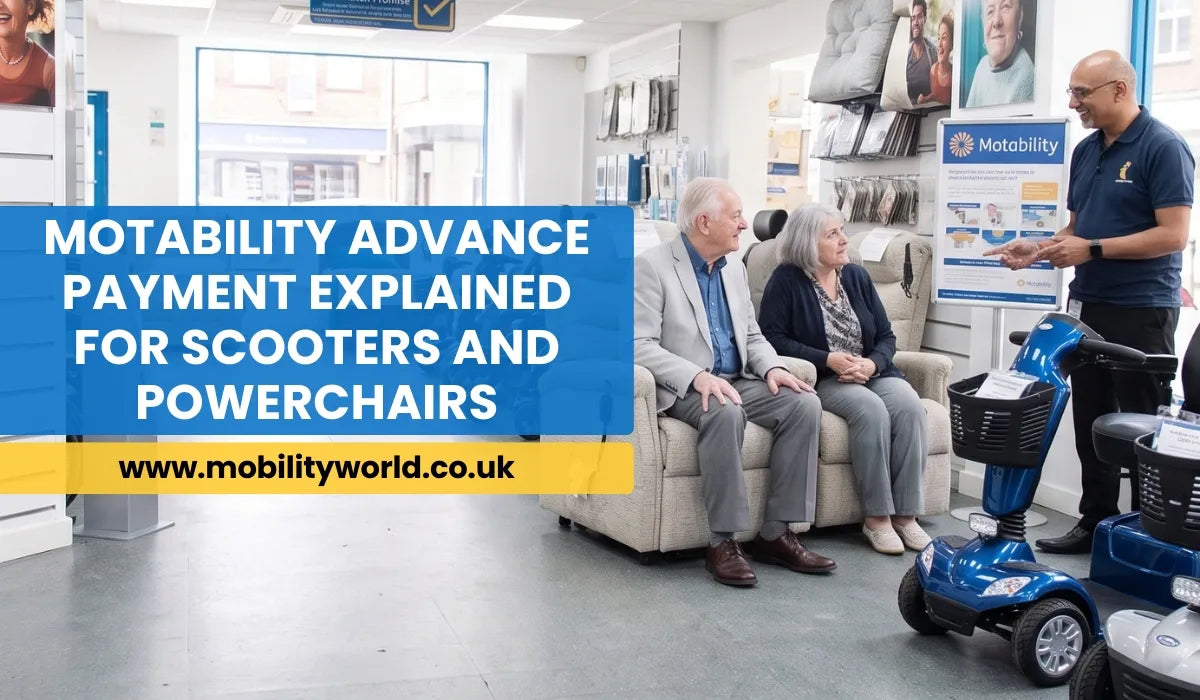 Senior couple discussing Motability scooter advance payments with a mobility specialist.