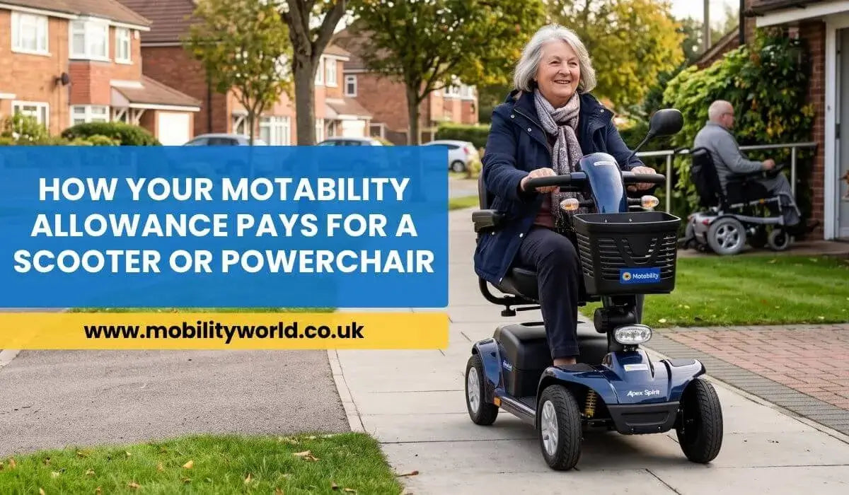 Older adult using a mobility scooter through a Motability scooter and powerchair lease