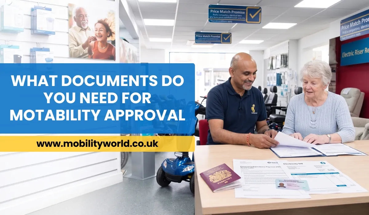 Elderly customer preparing Motability approval documents with a Mobility World specialist.