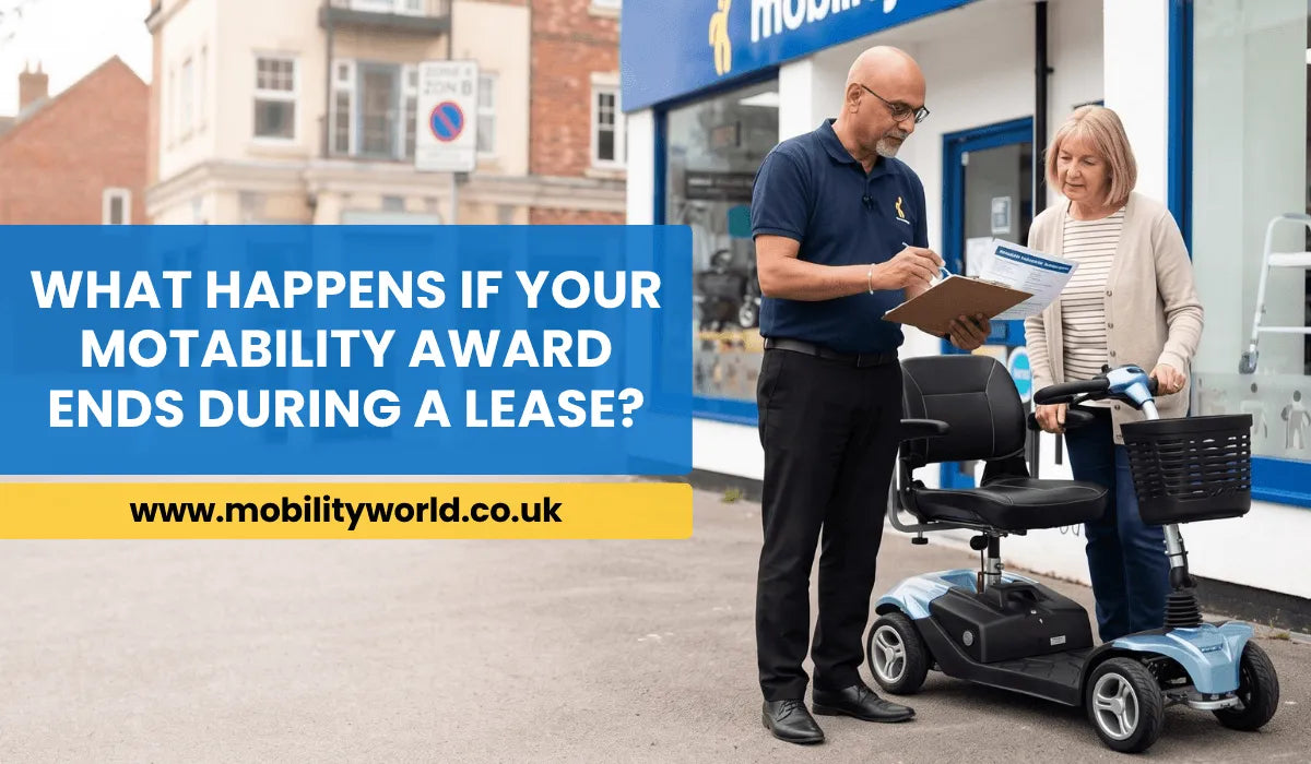 Mobility scooter user discussing a Motability award and lease review with a mobility specialist