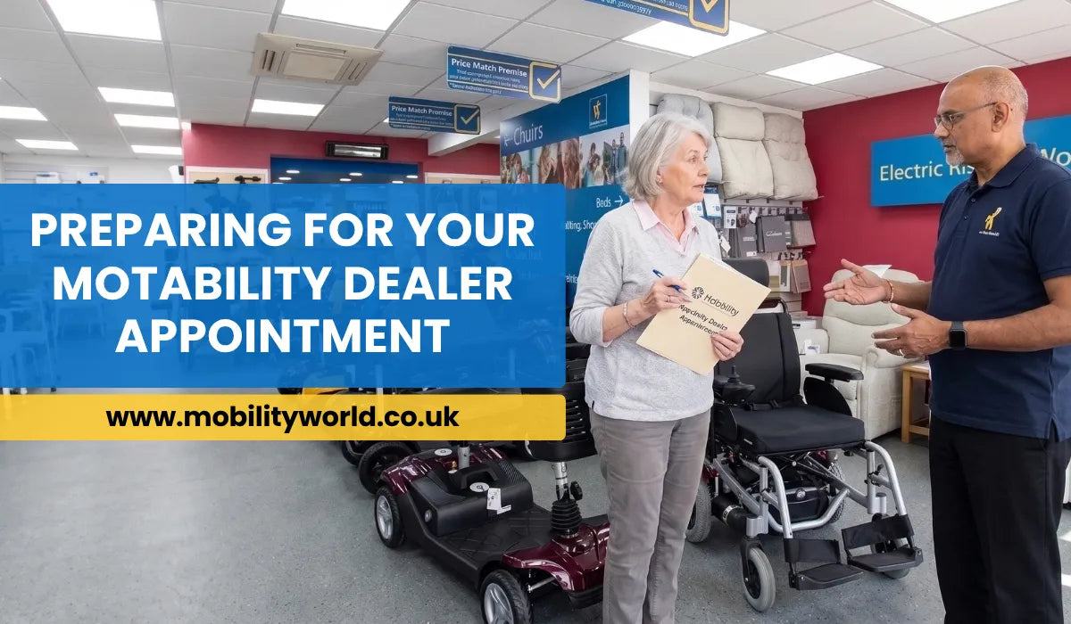 Preparing for a Motability dealer appointment at a mobility showroom