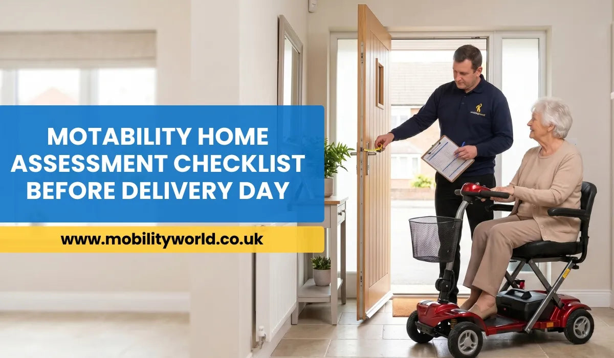 Mobility specialist carrying out a home assessment for an older adult using a mobility scooter