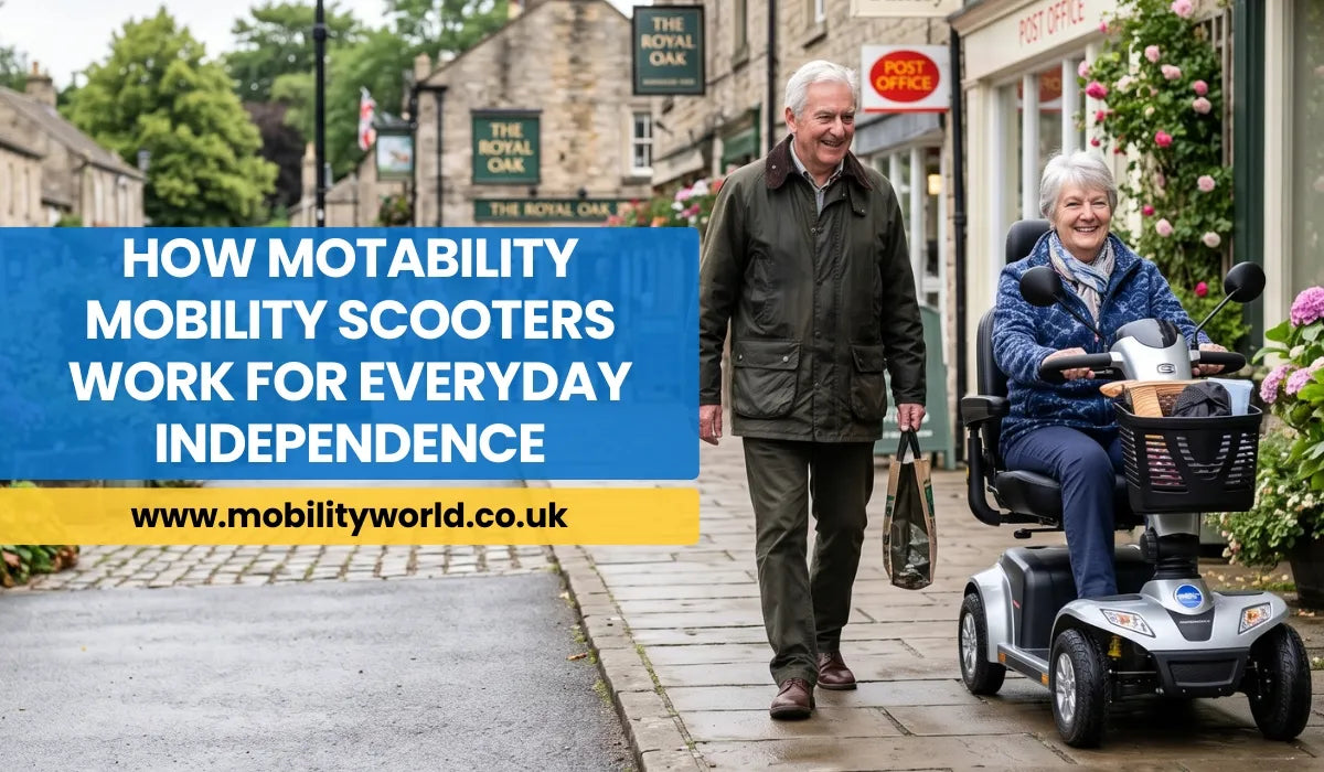 Senior user riding a mobility scooter outdoors demonstrating everyday independence through the Motability Scheme