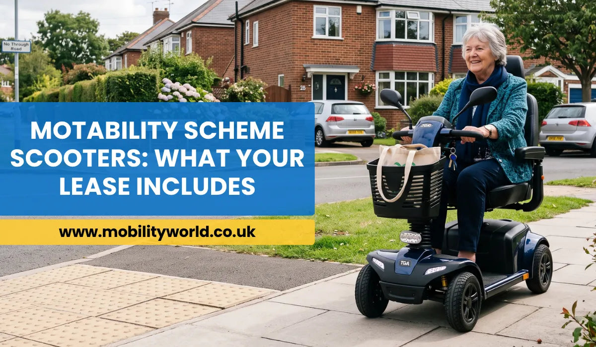 Older adult using a mobility scooter on a UK pavement for everyday independence