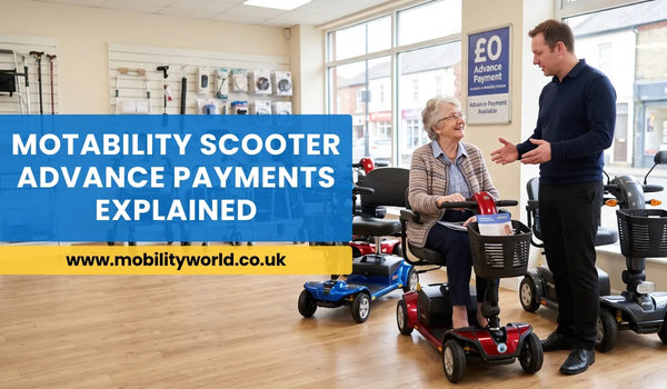Person choosing between different Motability mobility scooters in a Mobility World showroom while discussing Advance Payments with a specialist.
