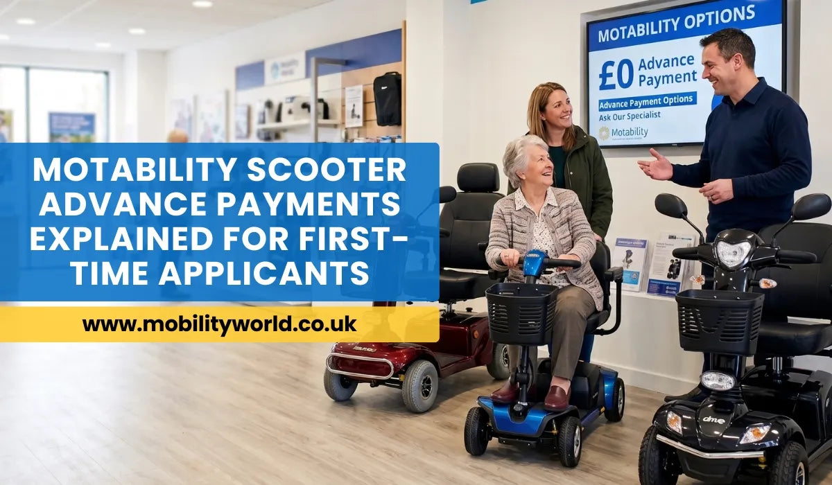 Motability scooter Advance Payment guide showing customers comparing different mobility scooters in a UK showroom.