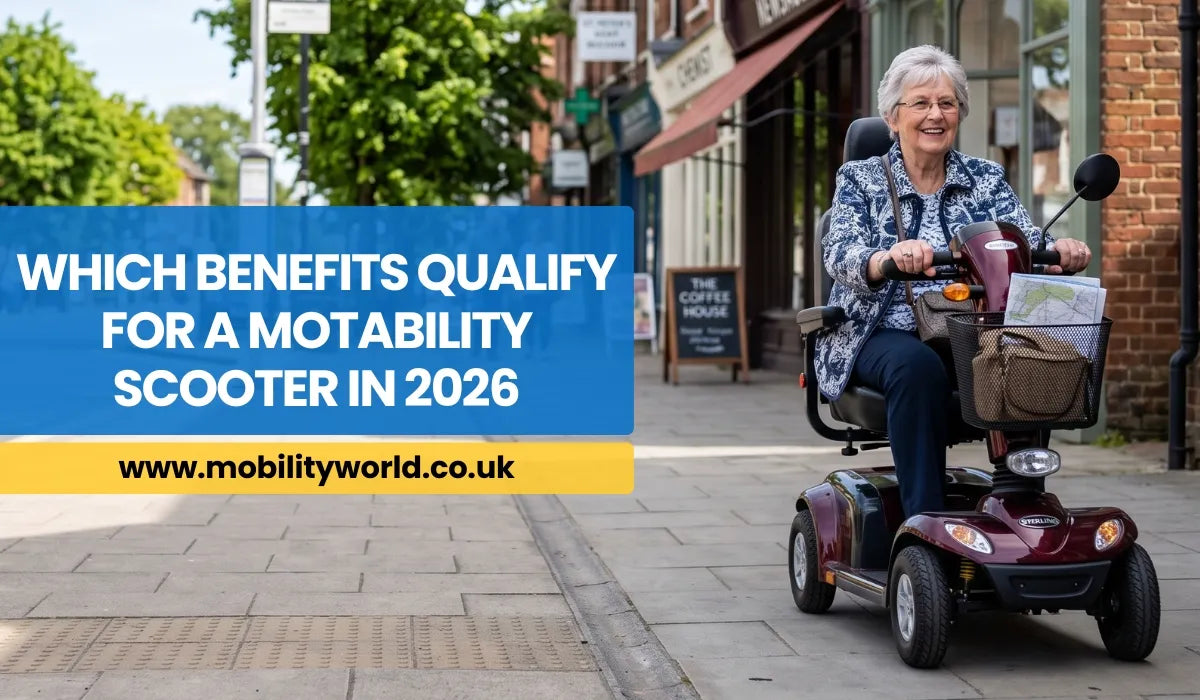 Older adult using a mobility scooter independently on a UK high street through the Motability Scheme.
