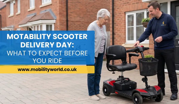 Motability mobility scooter delivery handover at a UK home before the customer's first ride