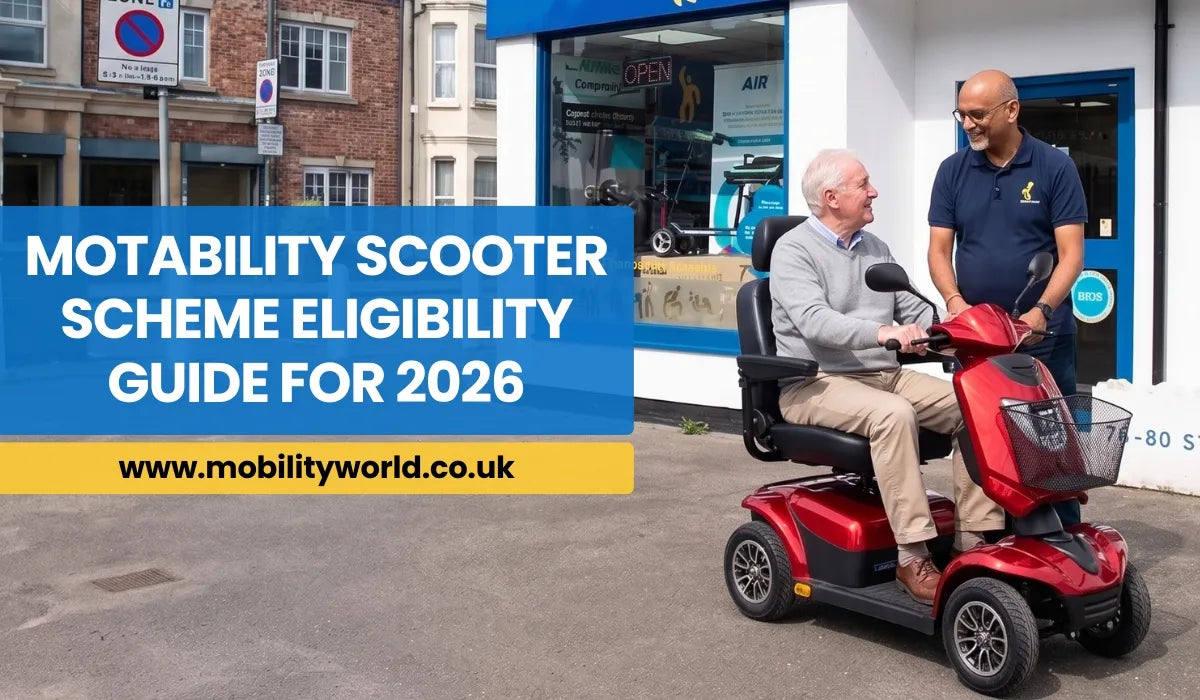 Older adult using a modern mobility scooter with a Motability adviser discussing eligibility outside a Mobility World showroom.