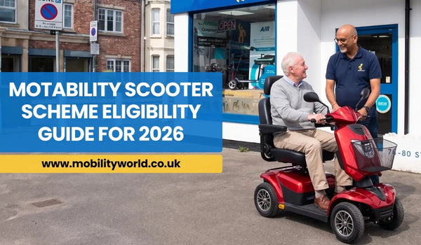 Older adult using a modern mobility scooter with a Motability adviser discussing eligibility outside a Mobility World showroom.