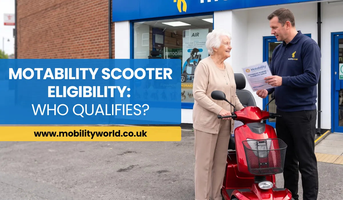 Motability scooter eligibility consultation at a UK mobility showroom  Caption