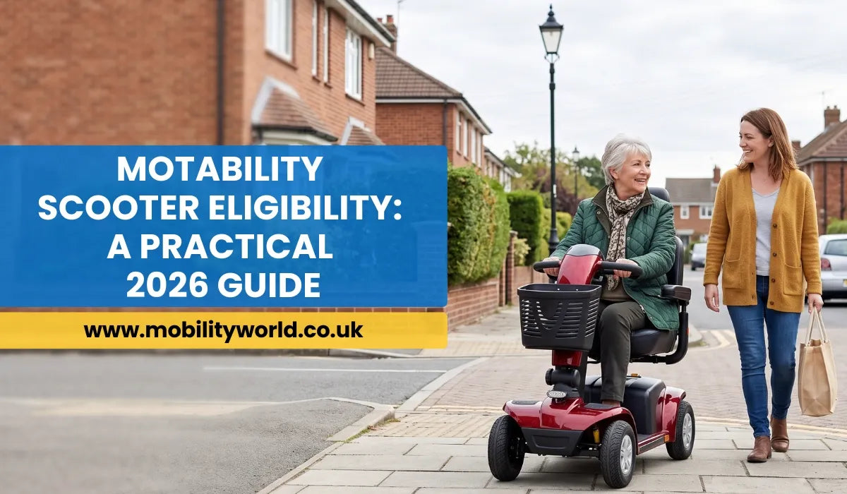 Motability scooter eligibility guide showing an older adult using a mobility scooter in the UK