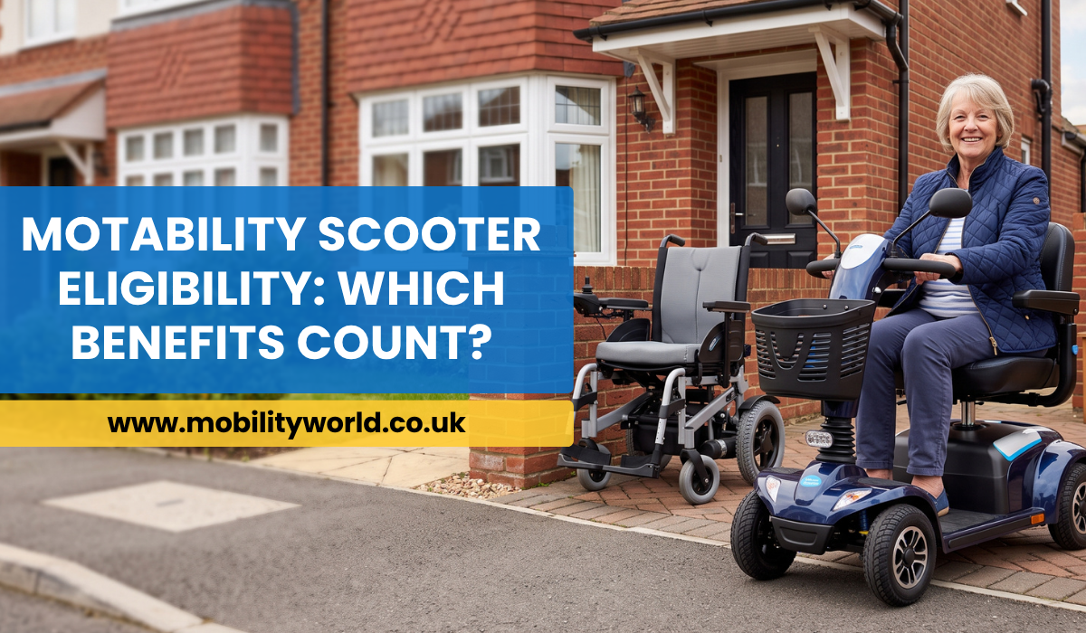 Older adult using a mobility scooter as part of a Motability eligibility and mobility assessment