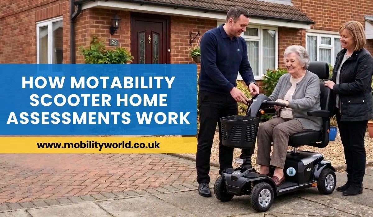 Professional adviser carrying out a Motability scooter home assessment outside a customer's UK home.