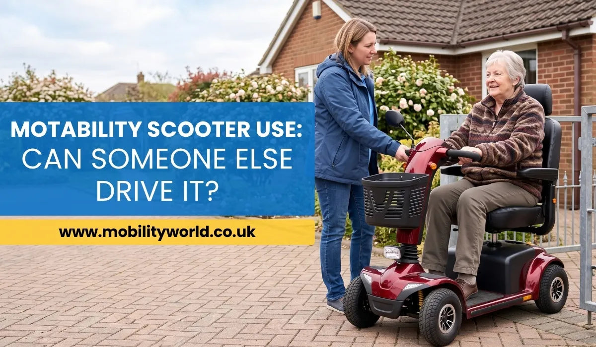 Motability scooter user riding while a carer provides practical assistance