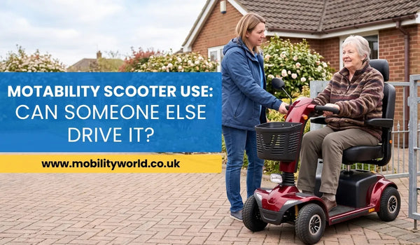 Motability scooter user riding while a carer provides practical assistance