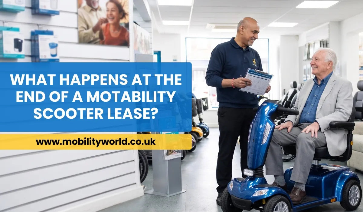 Elderly Motability scooter user discussing lease renewal with a Mobility World specialist before the end of the lease.