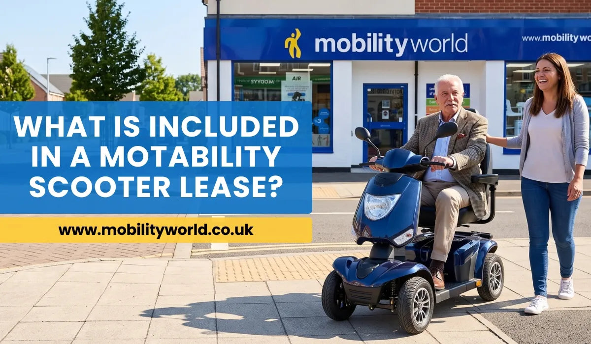 Senior using a Motability mobility scooter with family in a UK neighbourhood.