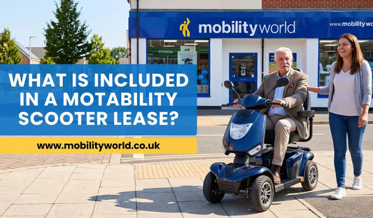 Senior using a Motability mobility scooter with family in a UK neighbourhood.