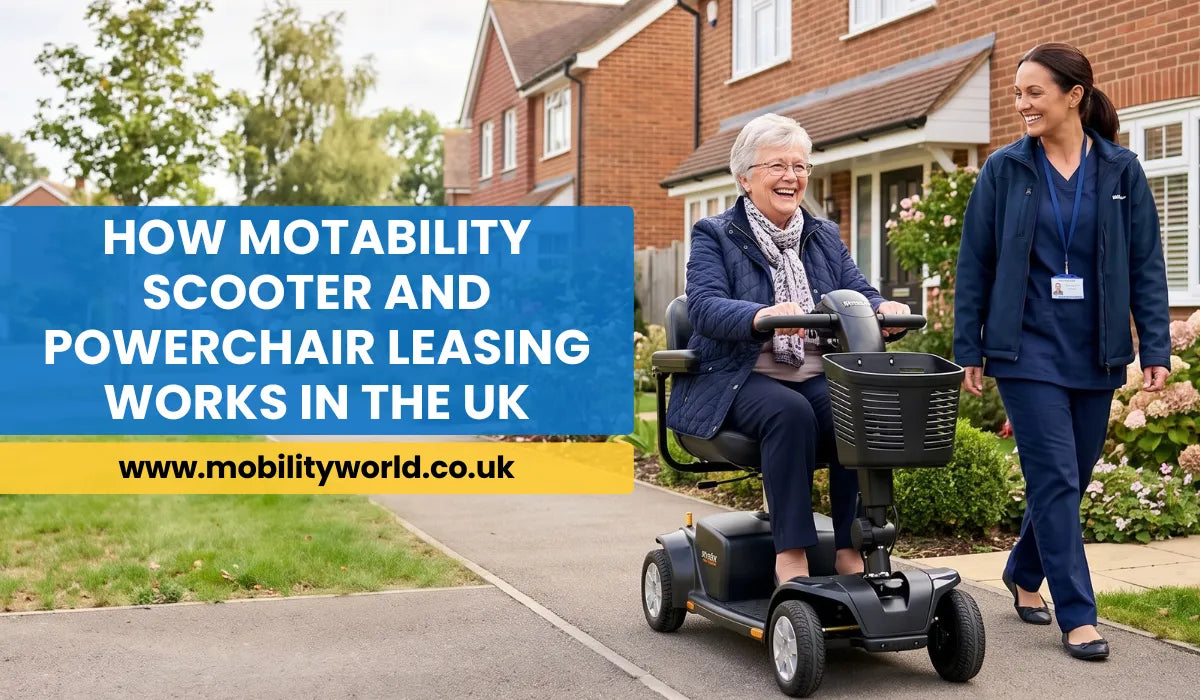 Motability scooter user enjoying independent travel outside a UK home.