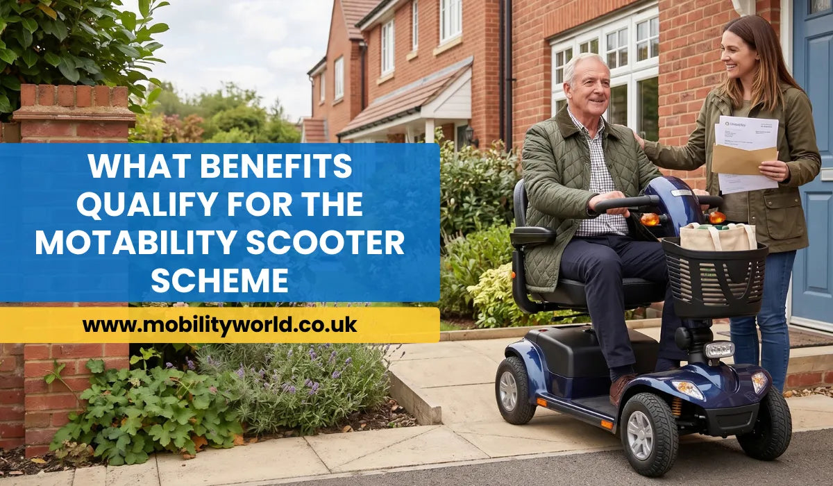 Older adult using a mobility scooter outside a UK home while family member provides support