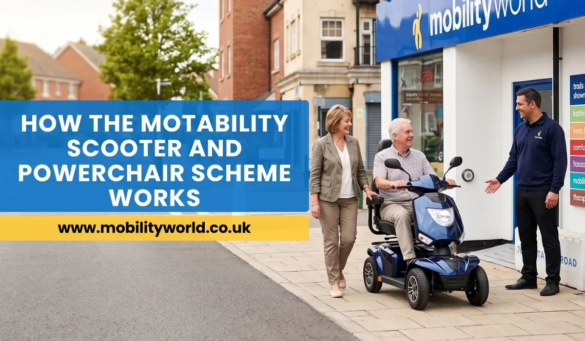 Senior couple arriving at a mobility showroom to learn about the Motability Scooter Scheme.