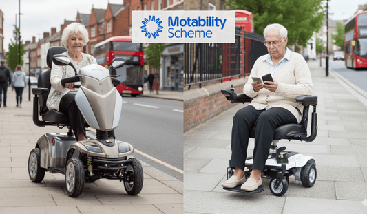 A split-screen promotional image for the Motability Scheme showing two elderly individuals using mobility aids on a city sidewalk.