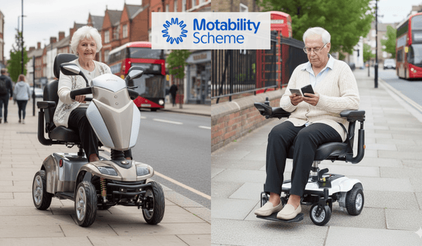 A split-screen promotional image for the Motability Scheme showing two elderly individuals using mobility aids on a city sidewalk.