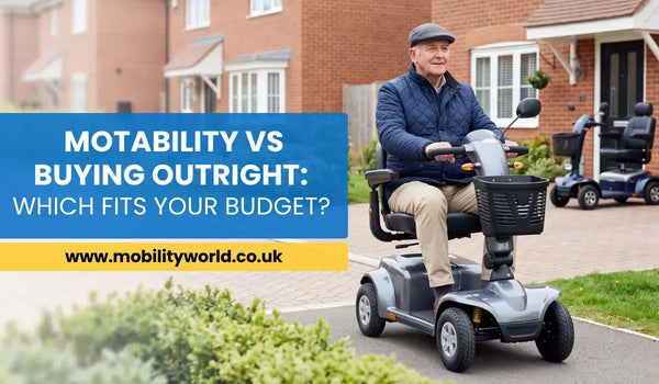 Older adult using a mobility scooter while comparing Motability leasing with buying outright