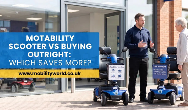 Customer comparing Motability scooter leasing and buying a mobility scooter outright outside a UK mobility showroom.