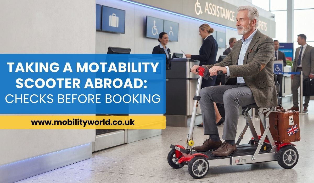 Older traveller preparing to take a mobility scooter abroad at an airport
