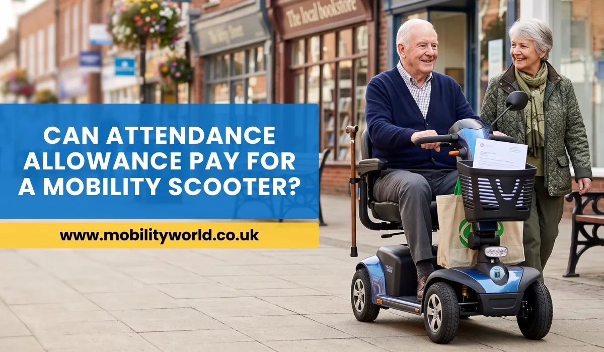 Elderly couple using a mobility scooter purchased with Attendance Allowance funding in a UK town centre.