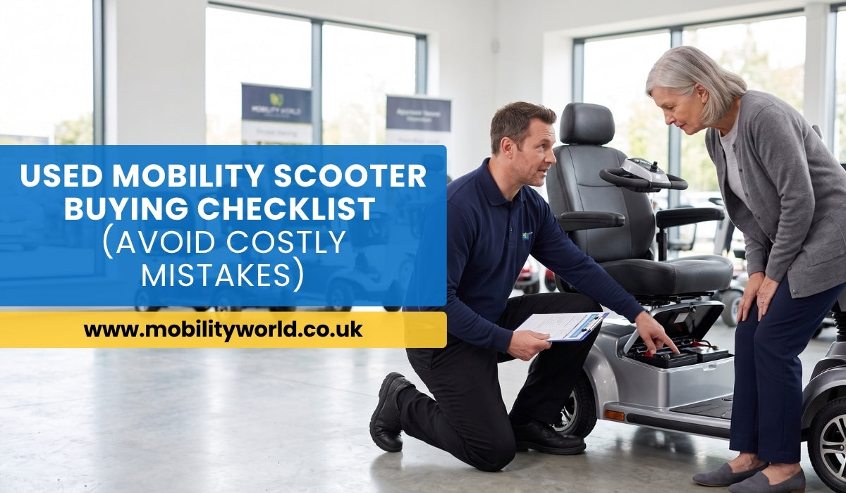 Customer inspecting a used mobility scooter with a Mobility World specialist before purchase.