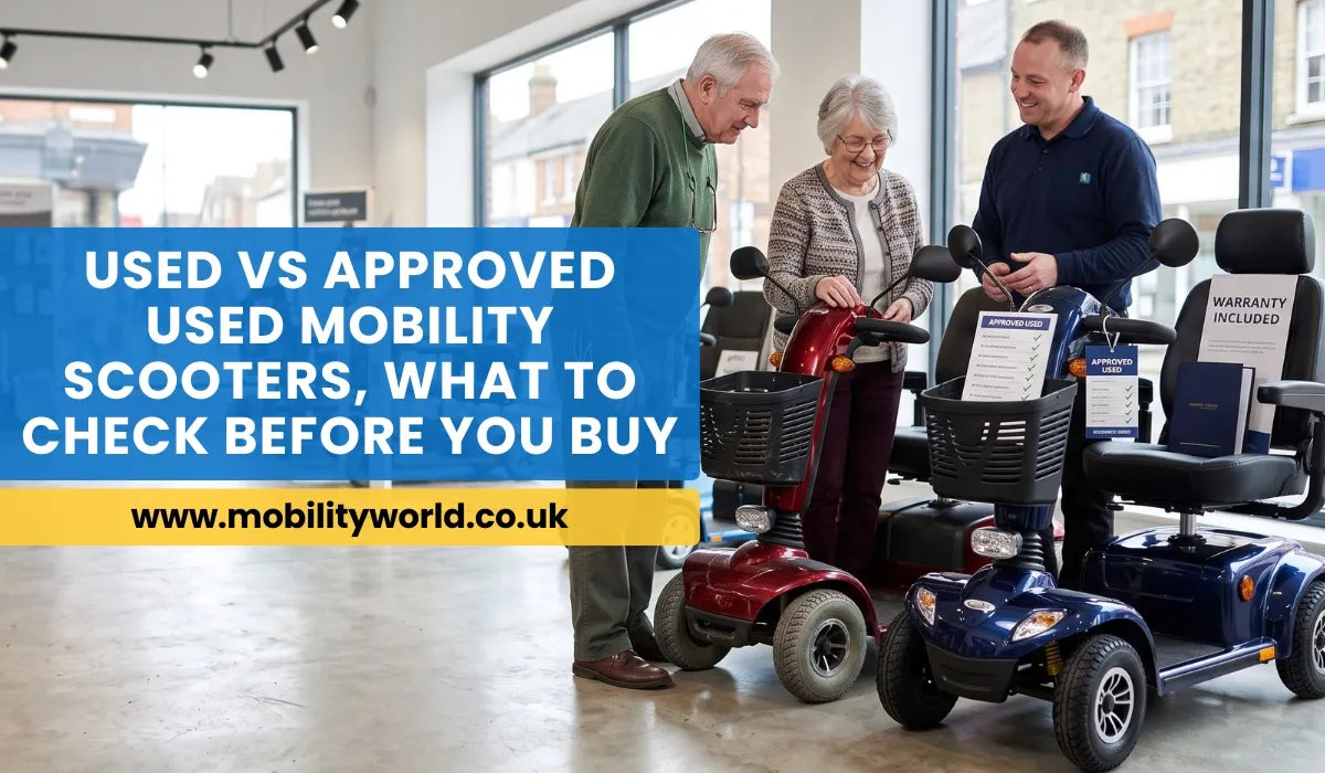 Used vs approved used mobility scooters displayed side by side in a UK mobility showroom.