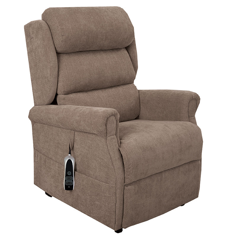 The Dinsdale Independent Dual-Motor Riser Recliner Chair offers ultimate comfort with independent backrest and footrest adjustment, a USB charging port, twin magazine pockets, and handy fabric hooks for easy control access.