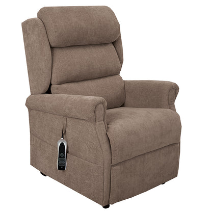 The Dinsdale Independent Dual-Motor Riser Recliner Chair offers ultimate comfort with independent backrest and footrest adjustment, a USB charging port, twin magazine pockets, and handy fabric hooks for easy control access.